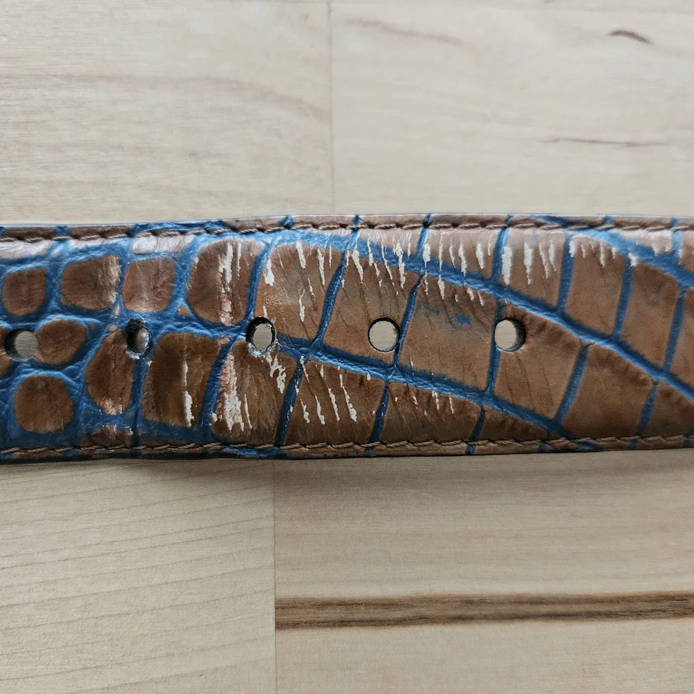 Greg Norman‎ Men's Brown Blue Croco Print Leather Belt Sz 42